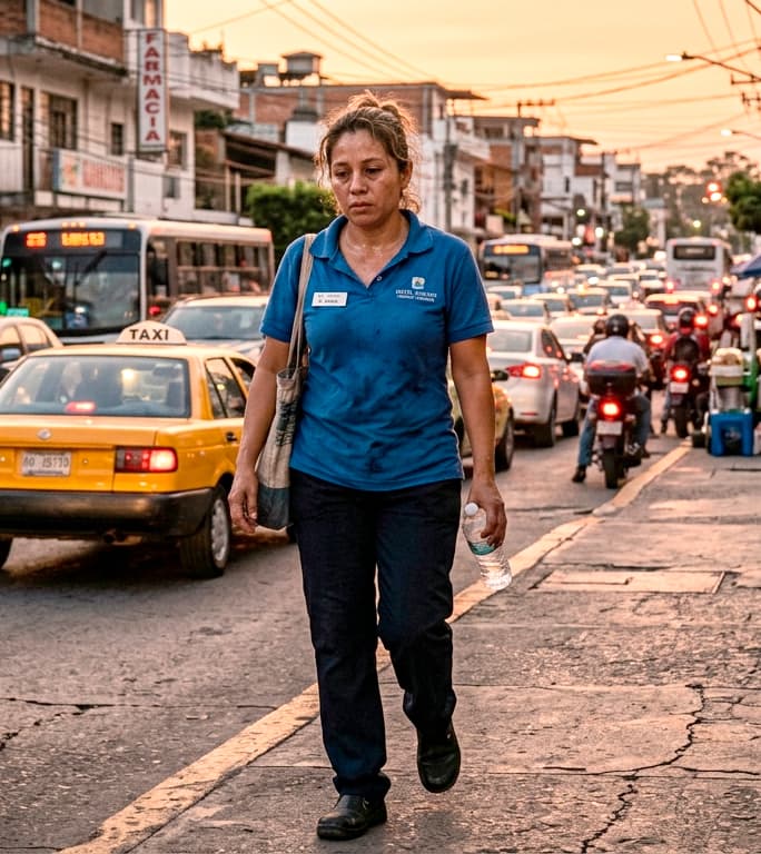 Persona caminando entre tráfico urbano después del trabajo