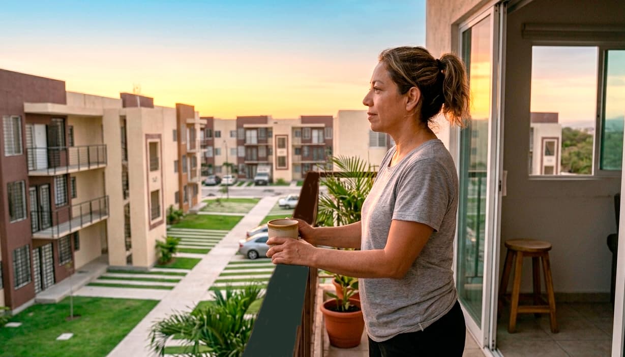 Persona observando un desarrollo habitacional desde su balcón